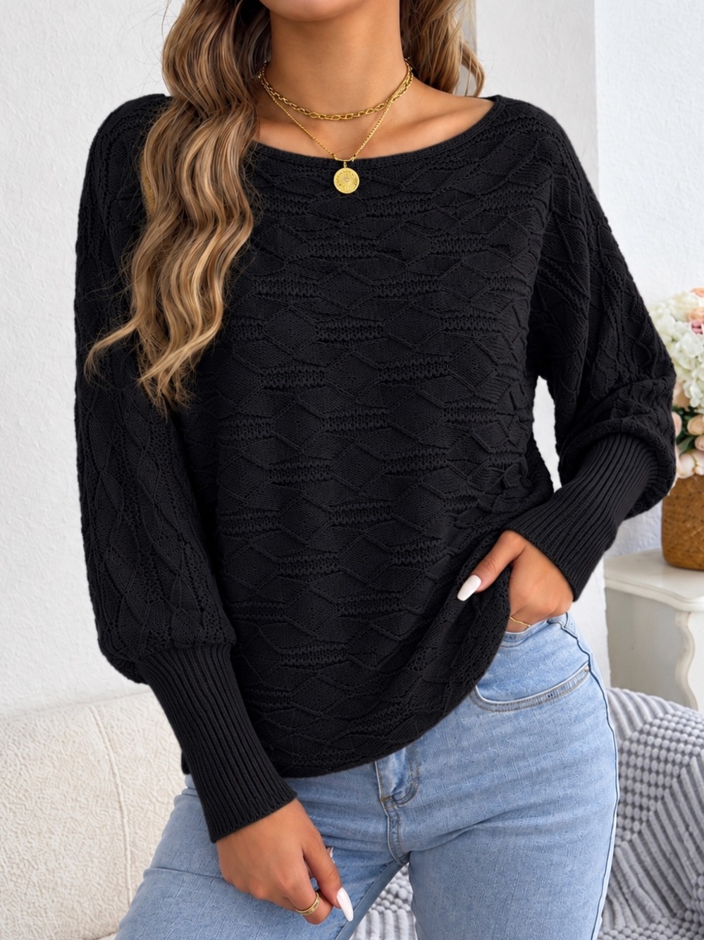 Greige XL Black Textured Diamond Knit Boat Neck Dolman Sleeve Sweater NWT